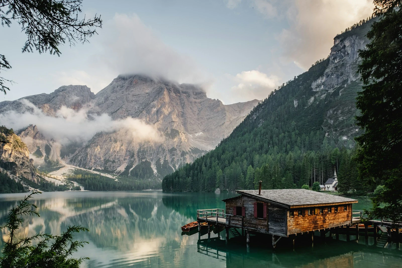 Peaceful mountain lake and retreat landscape